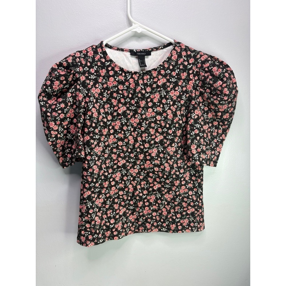 Forever 21 black floral print puff sleeve top size small